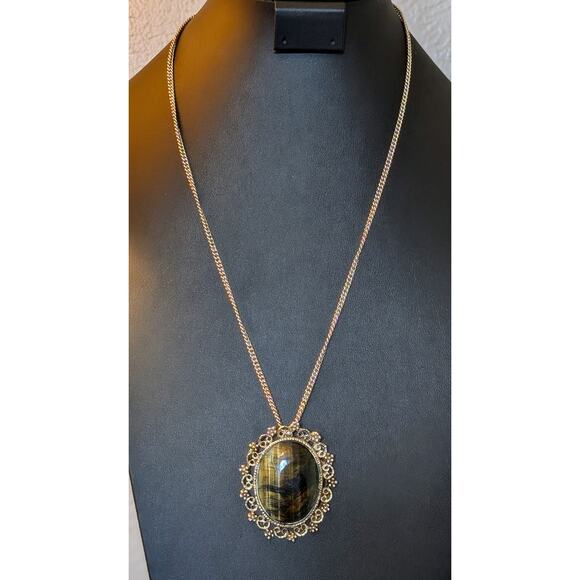 Vintage Tiger's Eye Gemstone Floral Filigree Oval Brooch/Pendant on 12K GF Chain - Picture 1 of 7